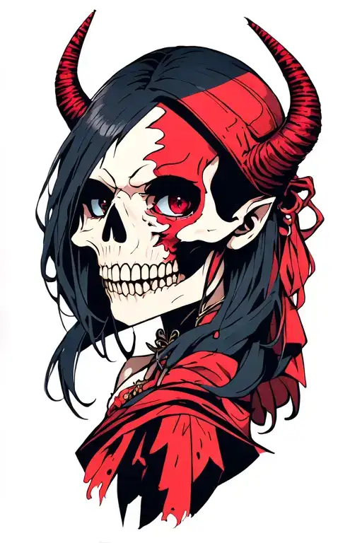 nezuko anime devil with half skull face tattoo design idea