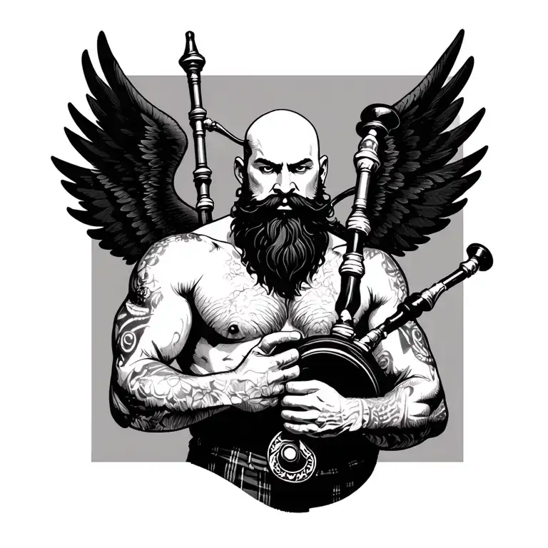 scottish bagpiper bald black beard  muscular wearing pipes in arm big black wings shirtless tattoo calm face tattoo design idea