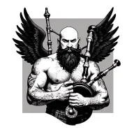 scottish bagpiper bald black beard  muscular wearing pipes in arm big black wings shirtless tattoo calm face tattoo design idea