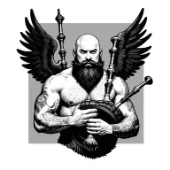 scottish bagpiper bald black beard  muscular wearing pipes in arm big black wings shirtless tattoo calm face tattoo design idea
