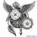 A unique design featuring a mix of angel and demon wings, a compass rose on a pocket watch stylea lighthouse, and chains tattoo design idea