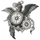 A unique design featuring a mix of angel and demon wings, a compass rose on a pocket watch stylea lighthouse, and chains tattoo design idea