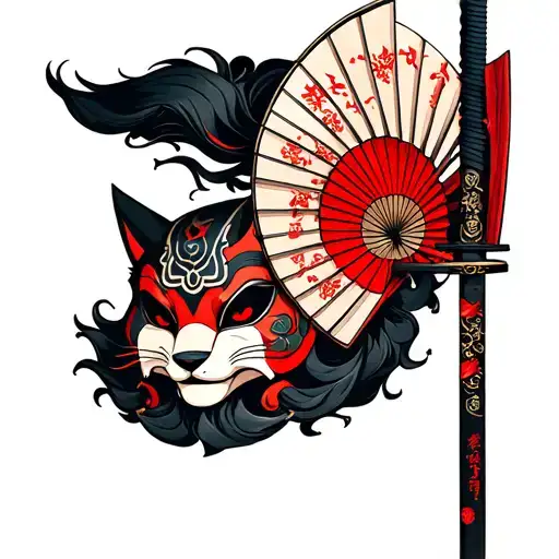 Katana with fan and mask of kitsune and oni tattoo design idea