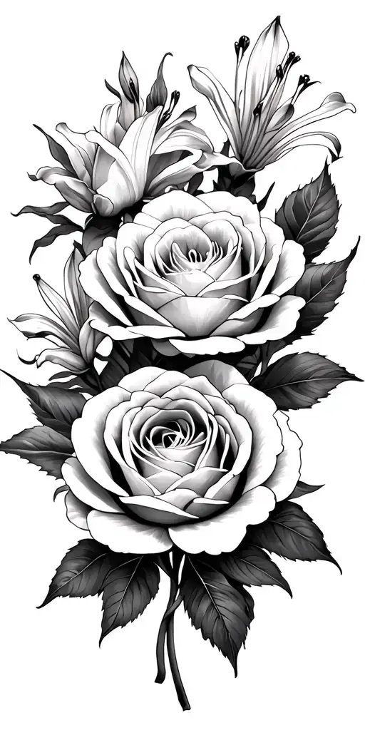 roses, peonies, and lilys tattoo design idea