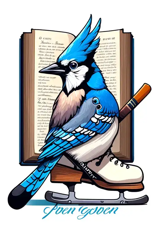 blue jay, hockey stick and ice skate, book open in front tattoo design idea
