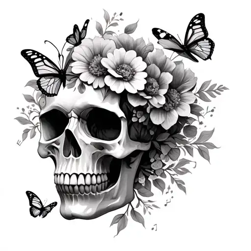 skull with flowers and butterlies mixed with music and art  tattoo design idea