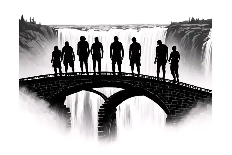 waterfall with 7 shadow people on a bridge in front of the waterfall tattoo design idea