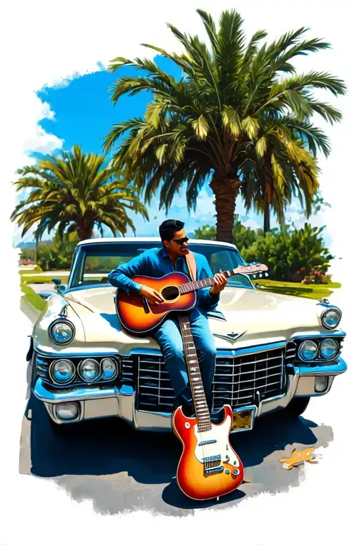 old Cadillac with a man sitting on the hood playing guitar with a electric guitar leaning against the car and palm trees tattoo design idea