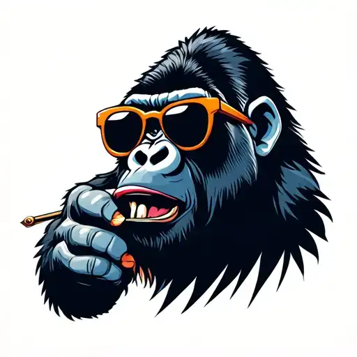 gorilla wearing sunglasses, with a pierced lip and ears, biting a splintered wooden toothpick in full color tattoo design idea