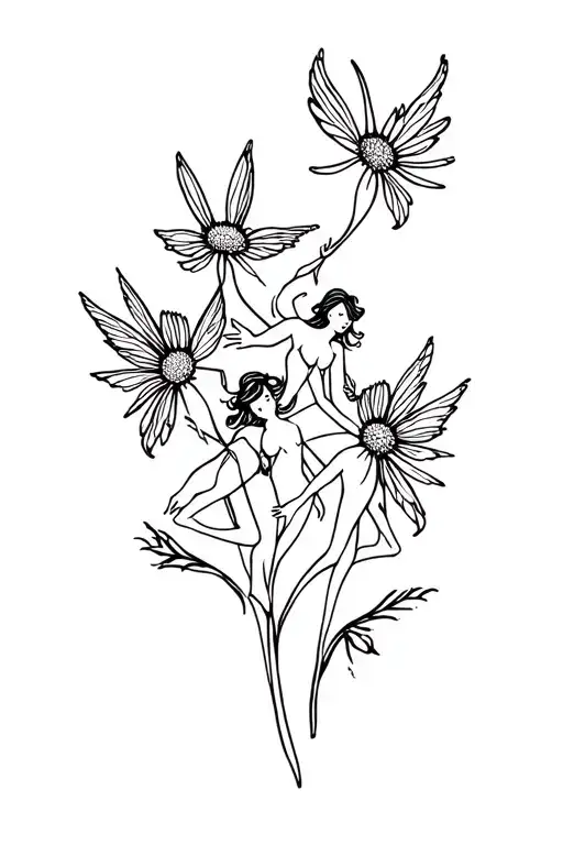 three fairies dancing around a aster flower tattoo design idea