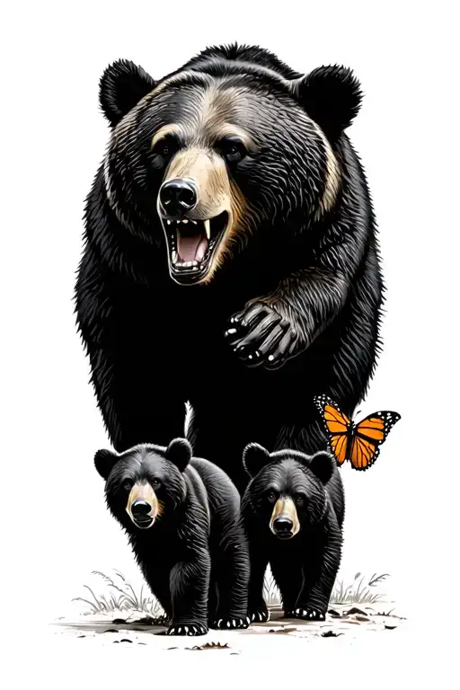 Papa bear and 3 black bear cubs and 2 monarch butterfly walking in the wilderness trees tattoo design idea