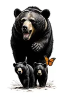Papa bear and 3 black bear cubs and 2 monarch butterfly walking in the wilderness trees tattoo design idea