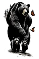 Papa bear and 3 black bear cubs and 2 monarch butterfly walking in the wilderness trees tattoo design idea