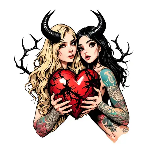 black thorny heart being held by a blonde with horns and a beautiful girl with black hair no horns with tattoos tattoo design idea