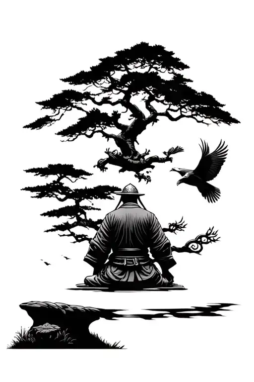 a samurai warrior sits in a Japanese garden watching the tree of life in the distance where an amazing eagle flying tattoo design idea