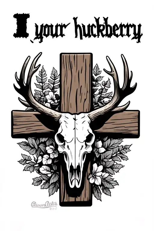 "I your huckleberry " wood cross with bull elk skull tattoo design idea