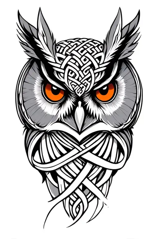 detailed owl face with Celtic knots incorporated into it . using only black white greys and oranges tattoo design idea