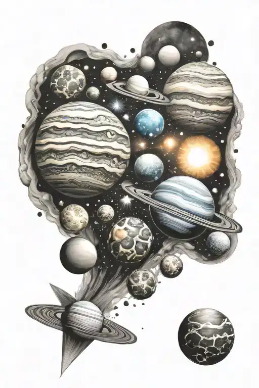 planets, stars, supernova explosion within tattoo design idea
