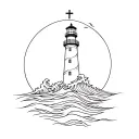 a lighthouse, with a big cross on the top of the lighthouse, surrounded by waves crashing. it must be black and white tattoo design idea