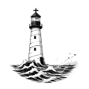 a lighthouse, with a big cross on the top of the lighthouse, surrounded by waves crashing. it must be black and white tattoo design idea
