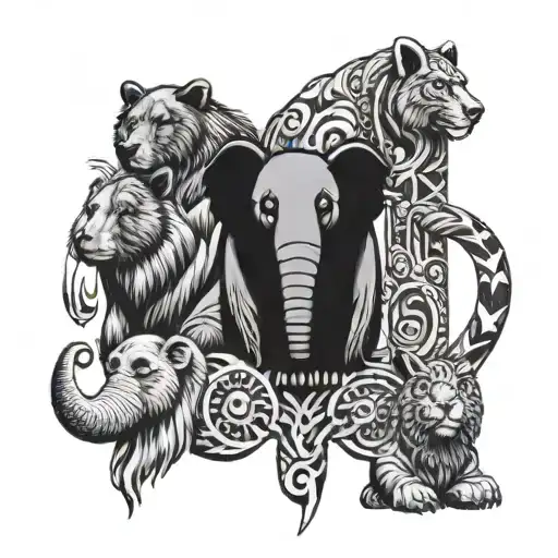 bear, elephant, duck, lion and bunny totem pole tattoo design idea