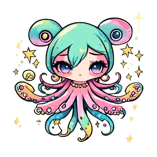 chibi squid anime style pastel colors and stars tattoo design idea