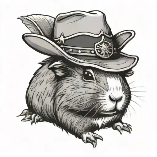 Cute cartoon style guinea pig wearing a cowboy hat, in black and white tattoo design idea