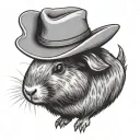 Cute cartoon style guinea pig wearing a cowboy hat, in black and white tattoo design idea