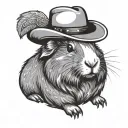 Cute cartoon style guinea pig wearing a cowboy hat, in black and white tattoo design idea