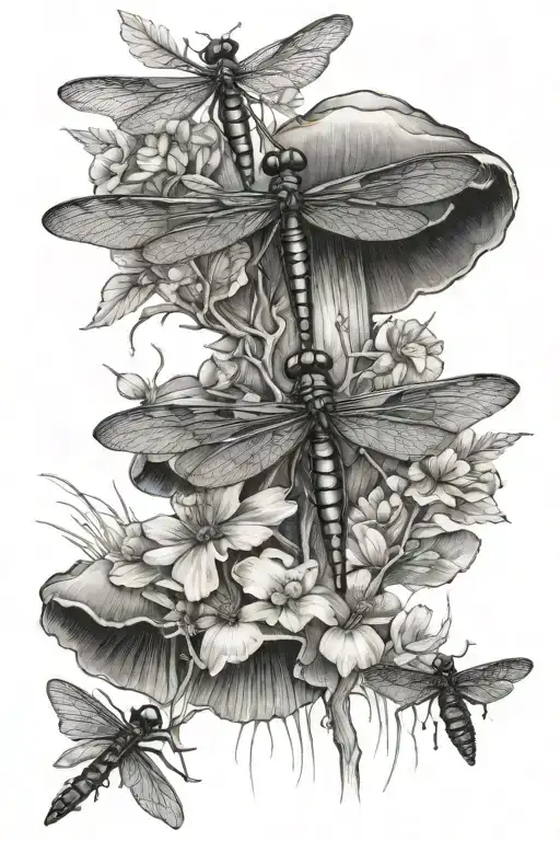 dragonflies and mushrooms tattoo design idea