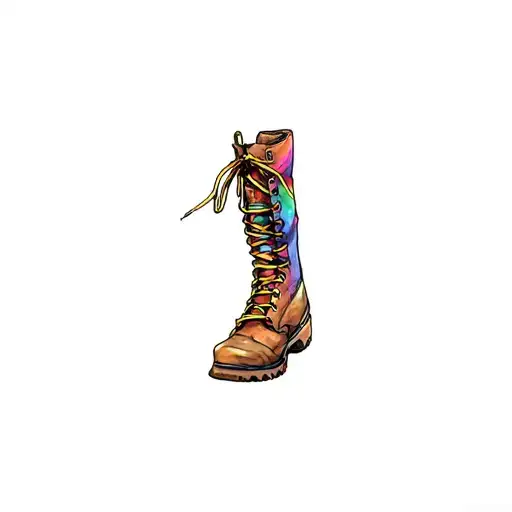 combat boot, Pride Light. several boots walking, DCU brown, the shadow beneath some are a soft Pride gradient LGBTQ+ tattoo design idea