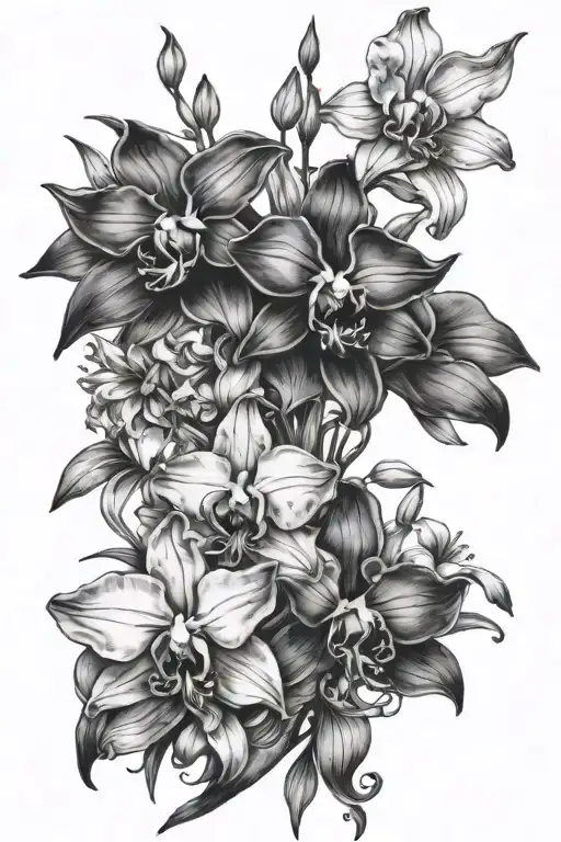 orchids, lilies, and bluebells wrap my arm tattoo design idea