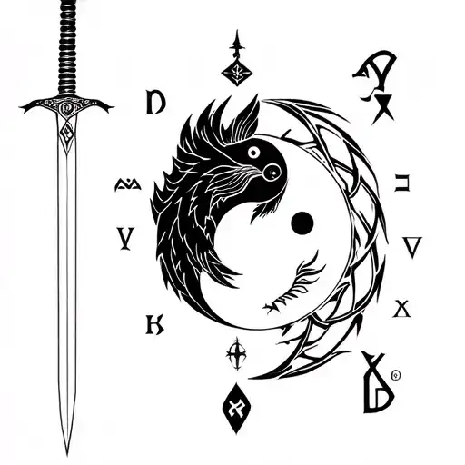 fenrir with runic symbols and runes pattern incorporating short sword samurai and yin yang symbol fish tattoo design idea