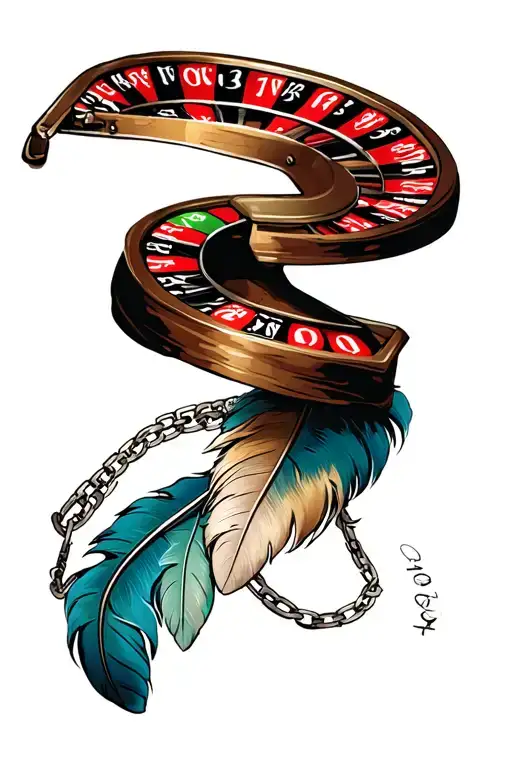 spiral roulette wheel with feathers and chains tattoo design idea