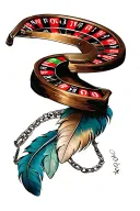 spiral roulette wheel with feathers and chains tattoo design idea