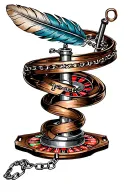 spiral roulette wheel with feathers and chains tattoo design idea