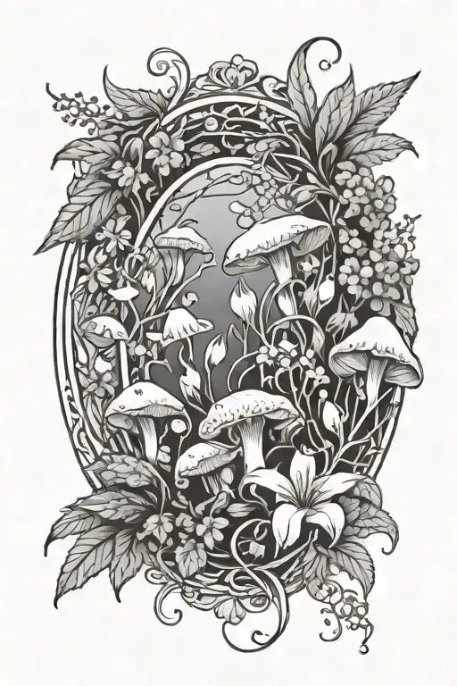 oval frame made out of vines belladonna, lily of the valley, moon flowers, wolfsbane flower, mushrooms tattoo design idea