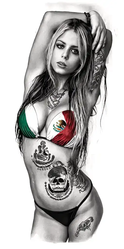 Sexy beautiful girl, petite, big boobs, wide hips, bikini . long hair,sexual. Seductive. Full Body, Mexico flag tattoo design idea