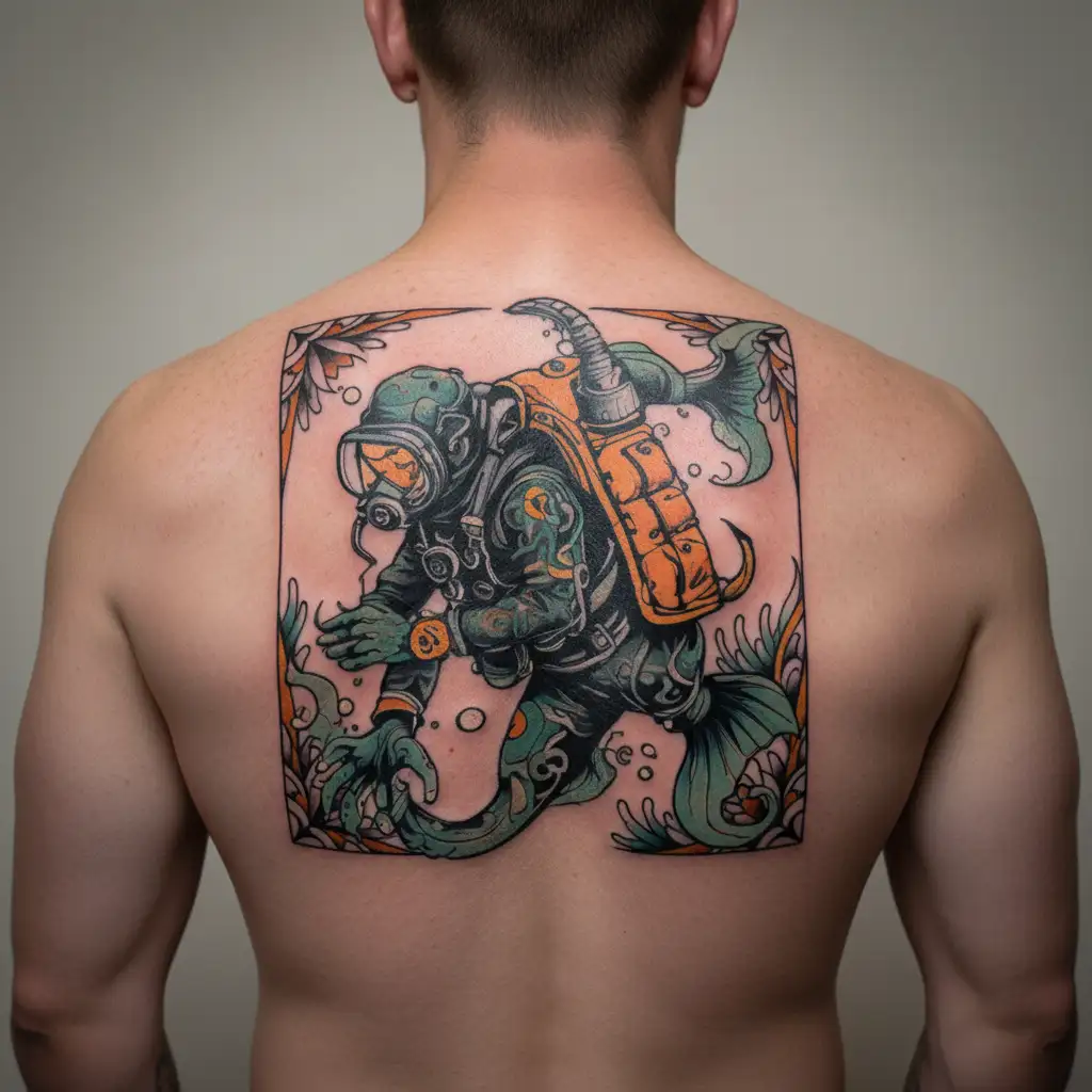 scuba diving , sea animals tattoo design idea