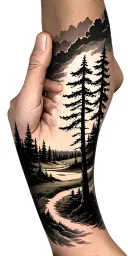 pine forest wrap around tree golf course family tattoo design idea