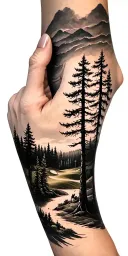 pine forest wrap around tree golf course family tattoo design idea