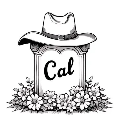 a tombstone with the name "Cal" with a cowboy hat resting on the top corner of the tombstone. Flowers around the bottom  tattoo design idea