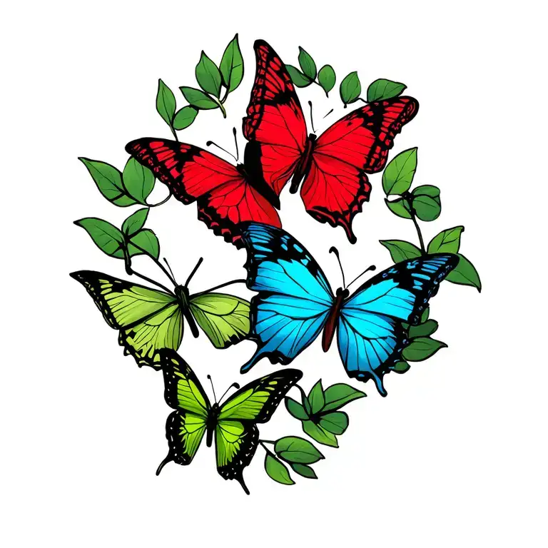 3 different types of butterflies different shapes and sizes 1 red black 2 green outline different color blues tattoo design idea