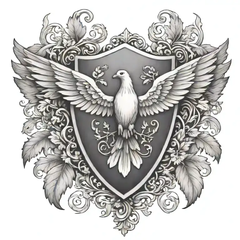 coat of arms dove wing close, grapevines, cross tattoo design idea