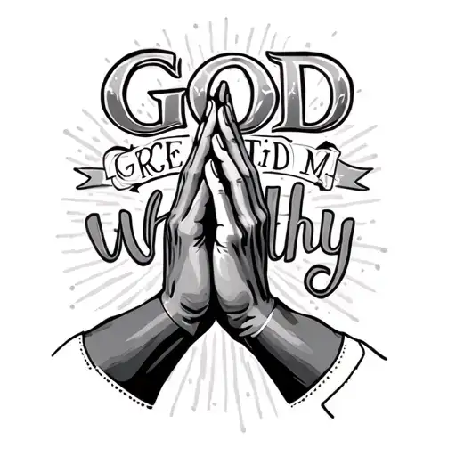 prayer hands and quote "God created me worthy" tattoo design idea