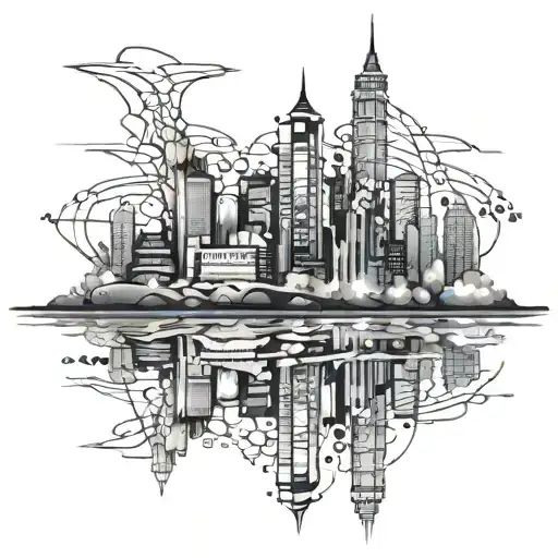 An abstract design of city lights reflecting on water, with environmental elements subtly woven in tattoo design idea