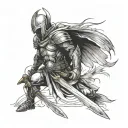 warrior with sword in front with hood and wings tattoo design idea