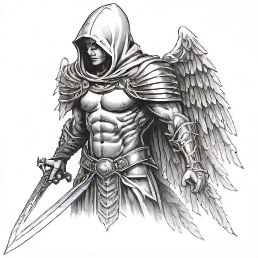 warrior with sword in front with hood and wings tattoo design idea