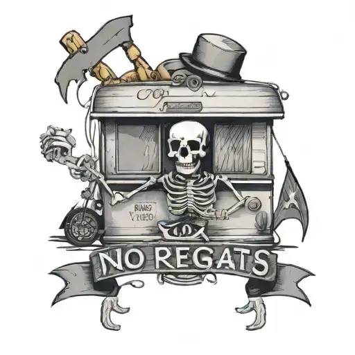 a skeleton holding a sign that says "no regrats" in front of an rv tattoo design idea