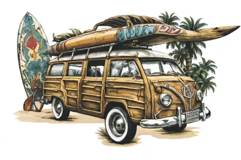 woody surf wagon with surf boards on a tropical beach tattoo design idea